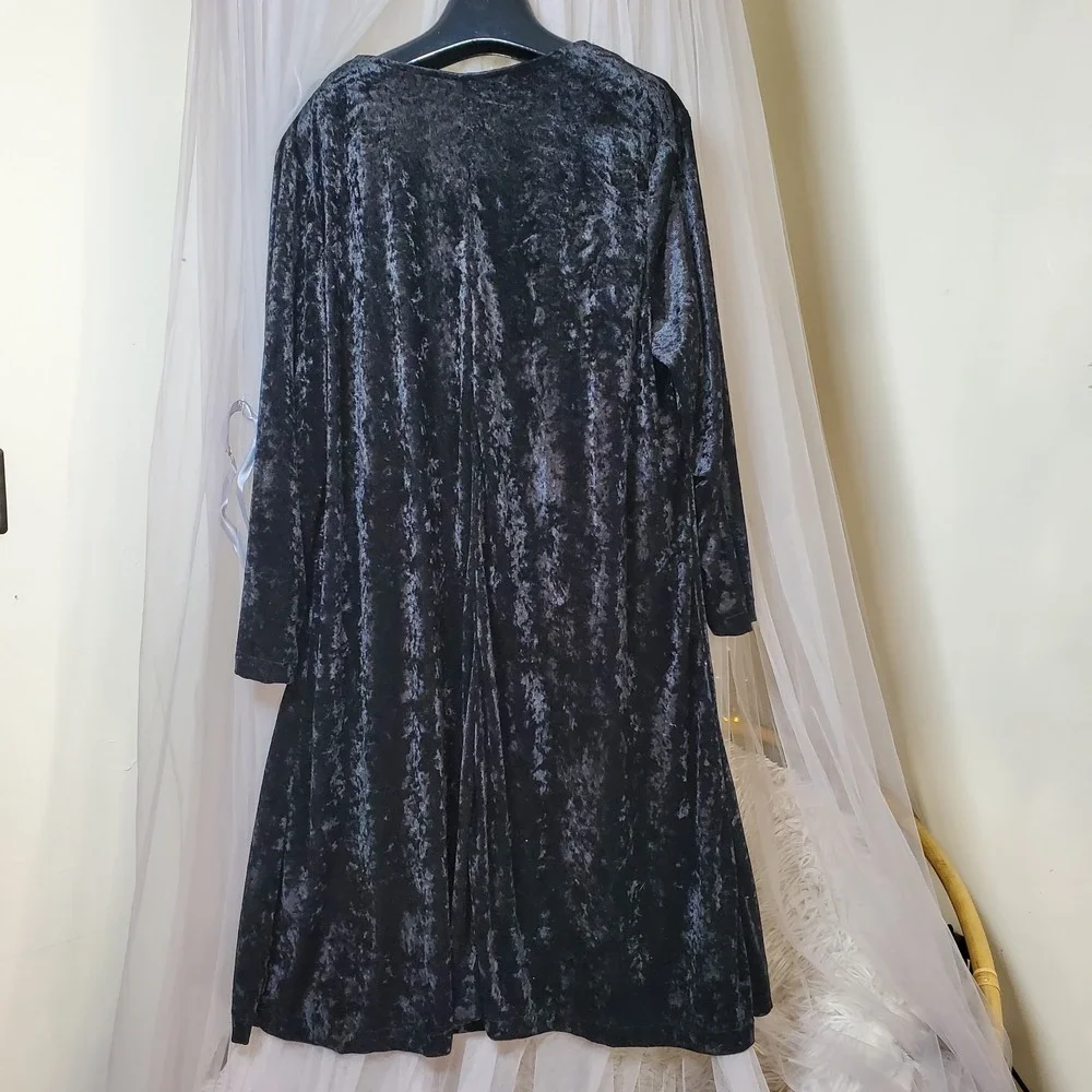 Vtg Whimsigoth Crushed Velvet Midi Swing Dress‎ 1X Black Witchy Dark Fairy Retro